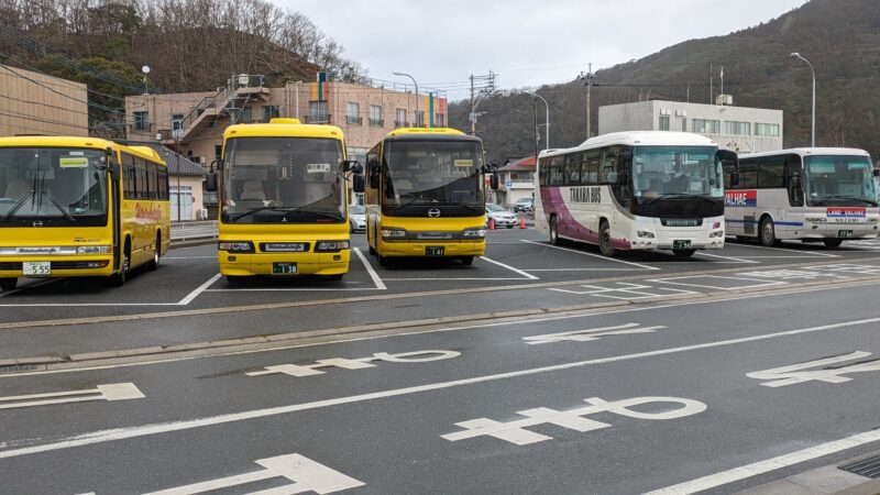 比田勝港でお出迎えの大型バスがずらり。